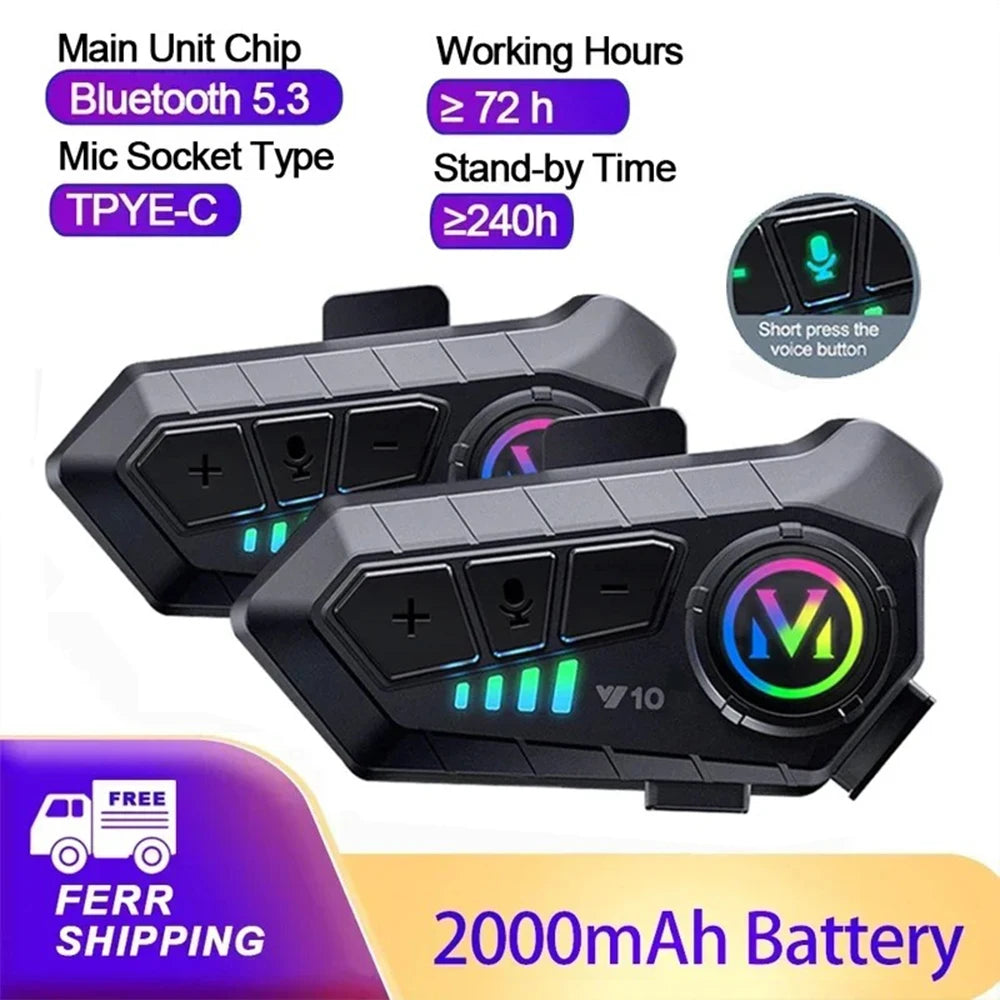 1/2Pcs V10 Motorcycle Intercom Headset Helmet Bluetooth 5.3 For 2 Riders intercommunicator 300M Waterproof Motorbike Interphone