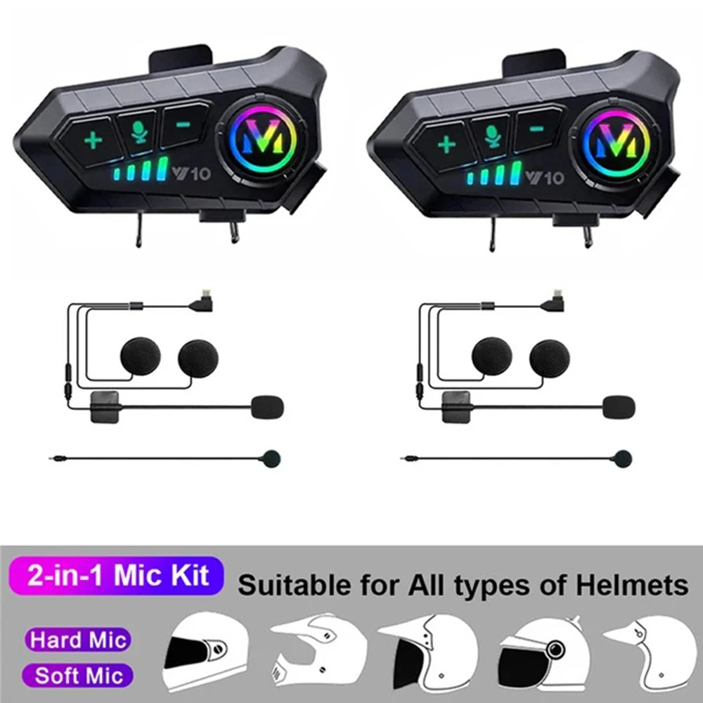 1/2Pcs V10 Motorcycle Intercom Headset Helmet Bluetooth 5.3 For 2 Riders intercommunicator 300M Waterproof Motorbike Interphone