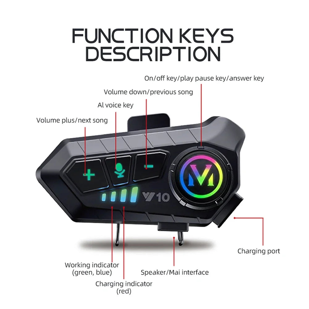1/2Pcs V10 Motorcycle Intercom Headset Helmet Bluetooth 5.3 For 2 Riders intercommunicator 300M Waterproof Motorbike Interphone