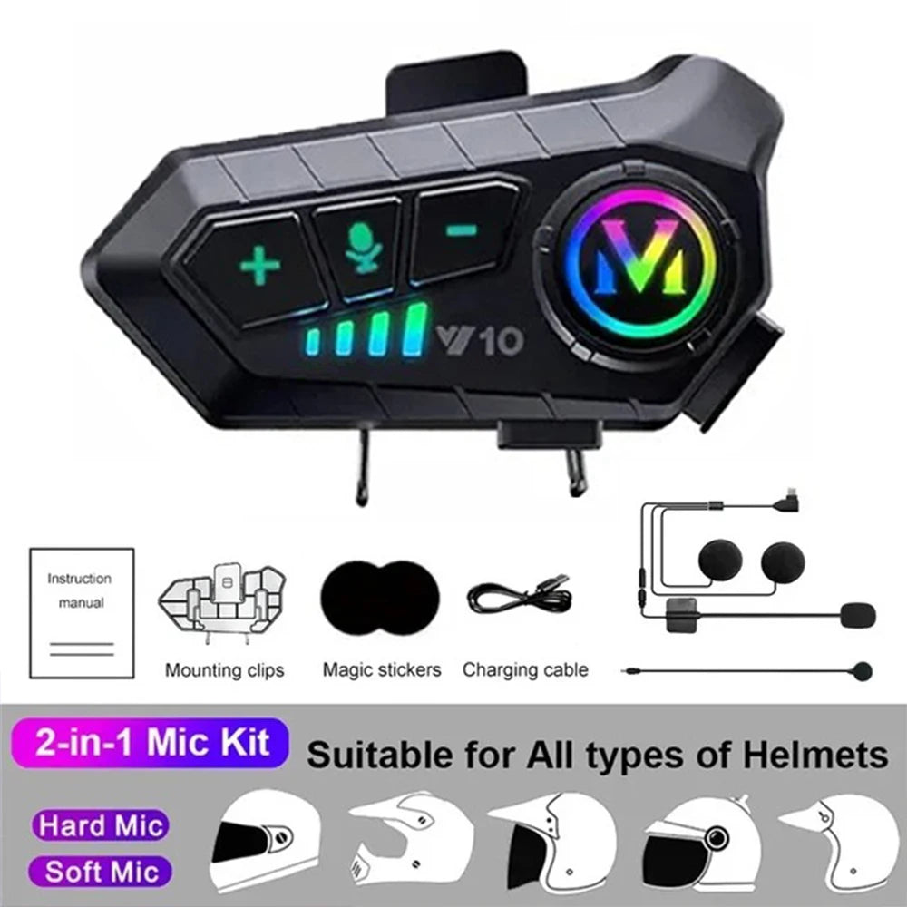 1/2Pcs V10 Motorcycle Intercom Headset Helmet Bluetooth 5.3 For 2 Riders intercommunicator 300M Waterproof Motorbike Interphone