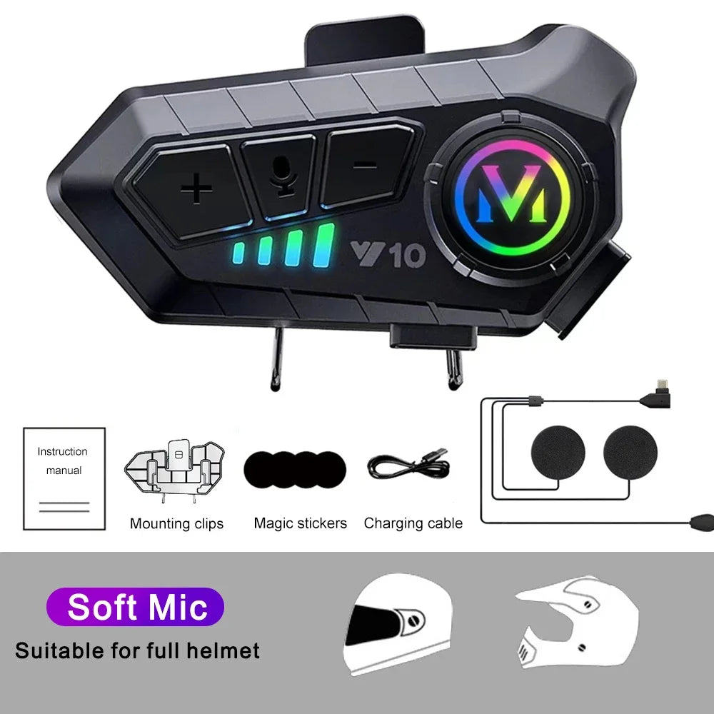1/2Pcs V10 Motorcycle Intercom Headset Helmet Bluetooth 5.3 For 2 Riders intercommunicator 300M Waterproof Motorbike Interphone